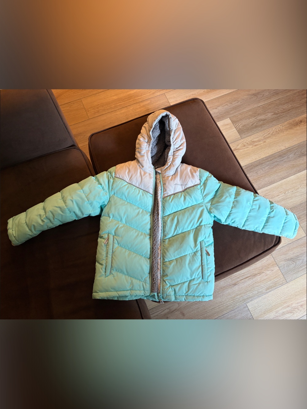 Eddie Bauer Mint Green Hooded Puffer Jacket with Cream Yoke